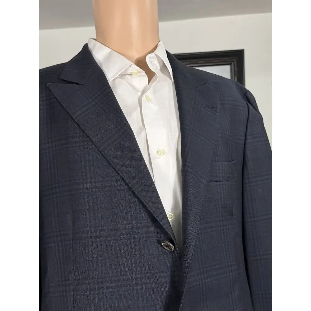Brunello Cucinelli Navy Peak Lapel Wool Sportcoat Suit Jacket Blazer Plaid 54/44